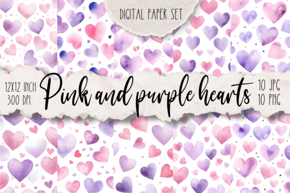Download Pink and Purple Hearts Digital Paper Set - Hearts digital paper Collection