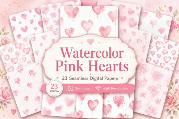 Download Watercolor Pink Hearts Digital Paper - Hearts digital paper Collection