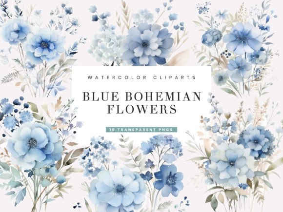 Download Watercolor Blue Bohemian Flower Clipart - Bohemian Collection