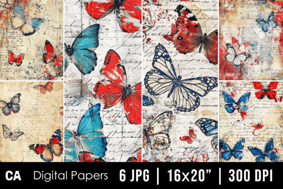 Download Vintage Red Blue Butterfly Journal Pages - Red Collection