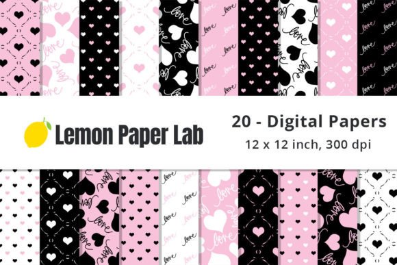 Download Light Pink &amp; Black Hearts Digital Paper - Hearts digital paper Collection